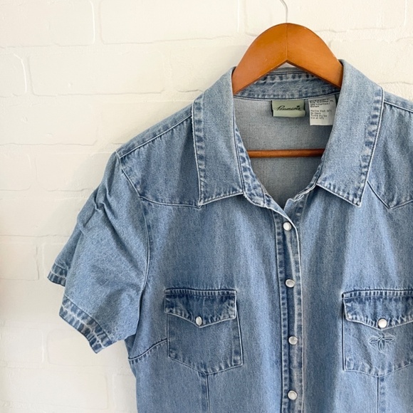 Vintage Mini Shirt Dress Snap down Denim Jean Light wash Embroidery Western XL - Picture 6 of 15
